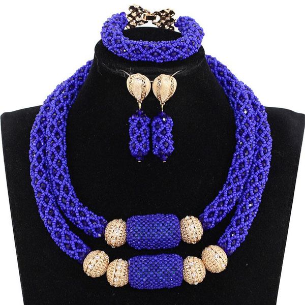 

earrings & necklace charms 2 layers royal blue wedding nigerian crystal beads jewelry set african bridal statement qw1079, Silver