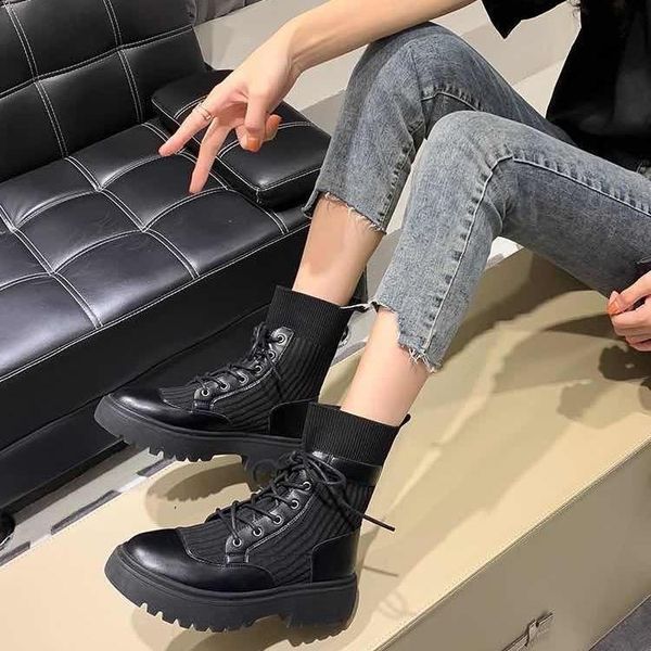 

boots elastic fabric martn sock women's 2021 autumn and winter style thick-soled handsome motorcycle knight, Black
