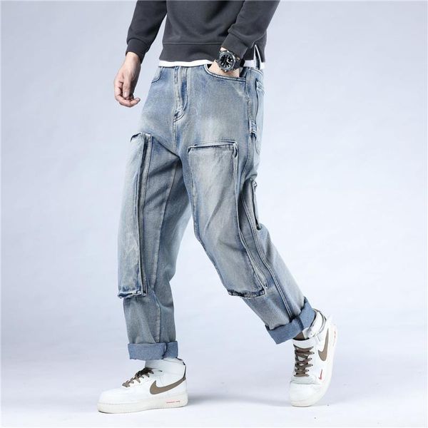 

men's jeans 46 plus size 2021 baggy male chic casual denim pocket straight pants fashion loose trousers streetwear, Blue