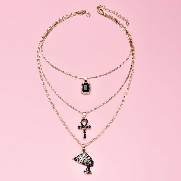 

chains 1pcs necklace for women fashion cross square card pendant retro punk alloy three layers necklaces jewelry, Silver