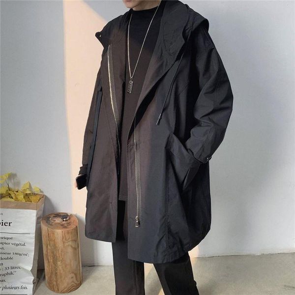 

men's trench coats men jacket long oversize loose streetwear hooded vintage black high street casual male outerwear, Tan;black