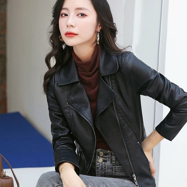

black small leather women's coat spring and autumn new korean version slim short lapel versatile pu leather motorcycle jacket