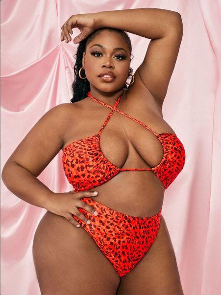 

plus leopard cross halter high waisted bikini swimsuit u4ee#, Black