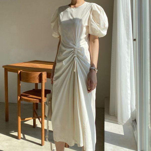 

women casual white minimalism shirring dress round neck short puff sleeve loose fashion spring summer 2f0614 210510, Black;gray