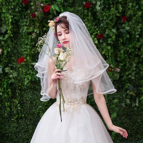 

bridal veils velos de novia lace edged two layers short wedding with comb soft tulle accessories white ivory veil ts005, Black
