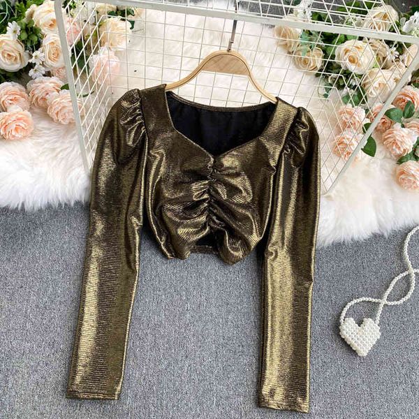 

v-neck short blouse women vintage long sleeve pullover female gold/silver/white shirt fashion autumn 210426