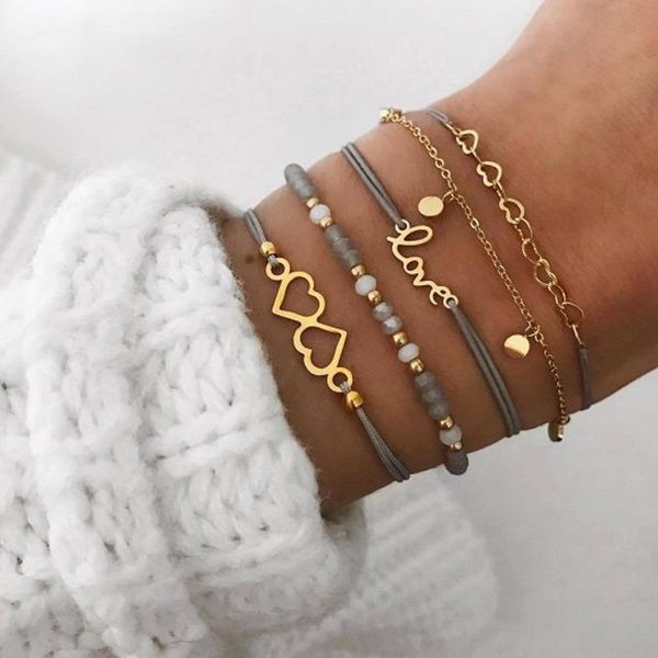 

link, chain 4 pcs/ set alloy letter love heart vintage gray crystal bead bracelet for women bohemian adjustable charm jewelry, Black