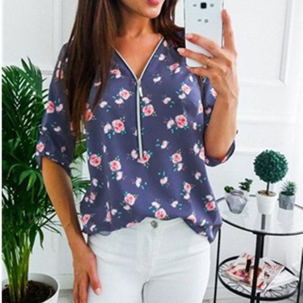 

spring fall women slim zipper v-neck printed long-sleeved short-sleeved t-shirt casual pullover temperament commute elegant women's, White