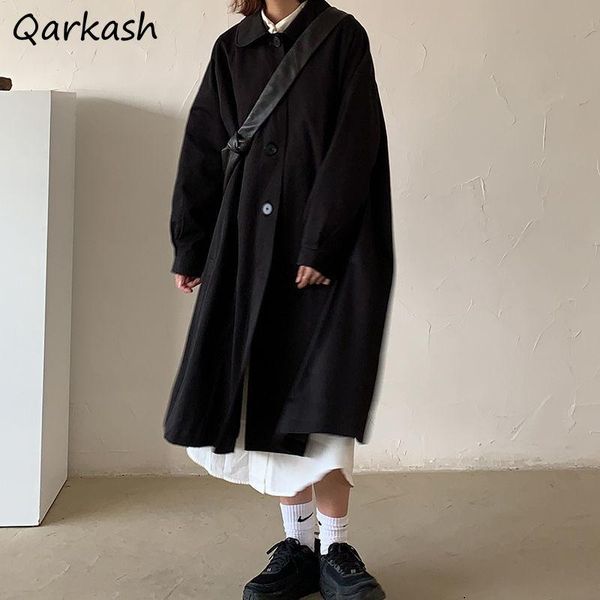 

women's trench coats women loose safari japanese style solid black female outerwear spring autumn simple single breasted turn-down coll, Tan;black