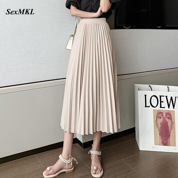 

skirts 2021 summer women casual pleated skirt elegant elastic high waist long female korean clothes black office midi
