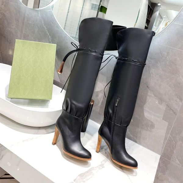 

boots large size 35-42 women round toe high heels zipper ladies solid genuine leather winter botas de mujer designer shoes, Black