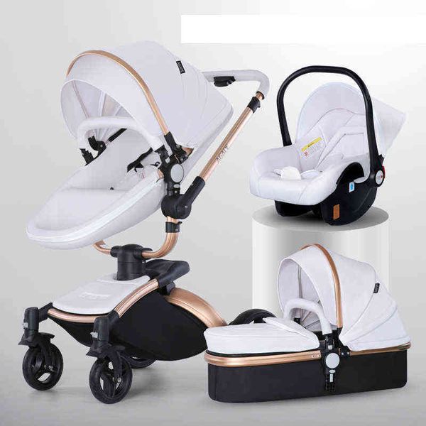 

baby stroller 3 in 1 luxury pram for born carriage pu leather high landscape trolley car 360 rotating baby pushchair shell 211104