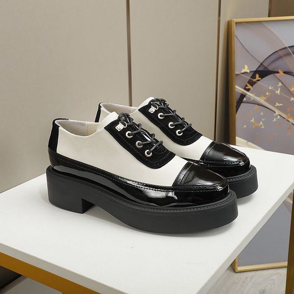 

winter lace-up fashion dress shoes round toe cowhide patent leather 4.5cm thick heels platform party loafers lady single shoe, Black