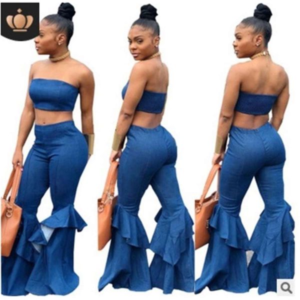 

bell bottomed pants bra suit ruffle high waist, Blue