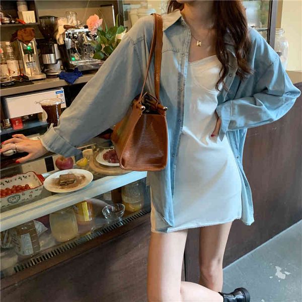 

dress korean loose style mid-length denim jacket + all-match temperament lean suspend skirt, Black;gray