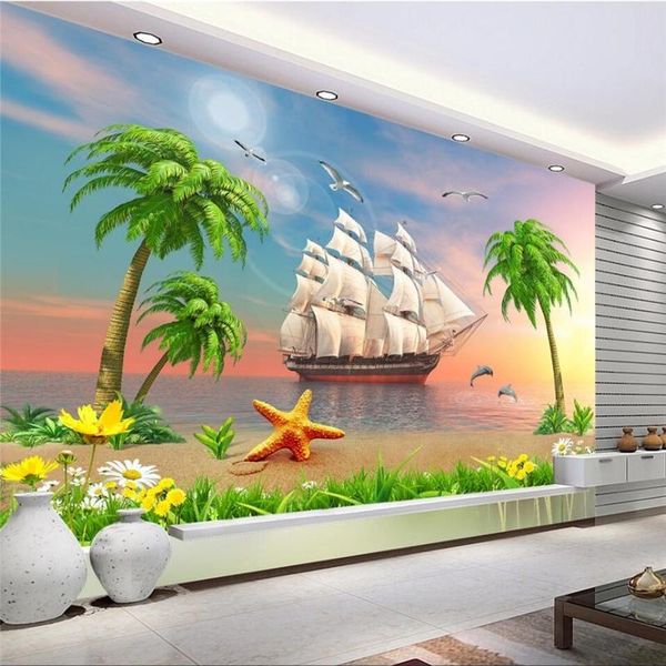 

wallpapers shuhiko sunset beauty sailing coconut palm trees tv background wall custom mural green silk wallpaper