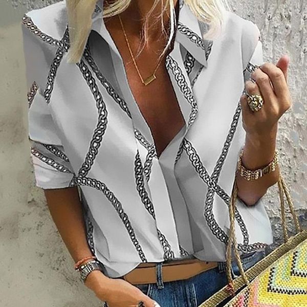 

autumn leisure chain womens shirts print work office stylish long sleeve blouses femmes 2xl, White