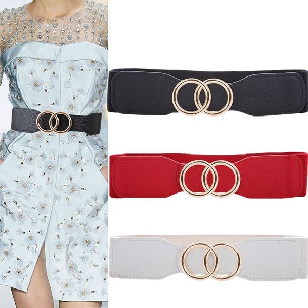 

belts women's elastic waistband black fashion stretch wide belt gold round buckle white waist seal dresses decorate female, Black;brown