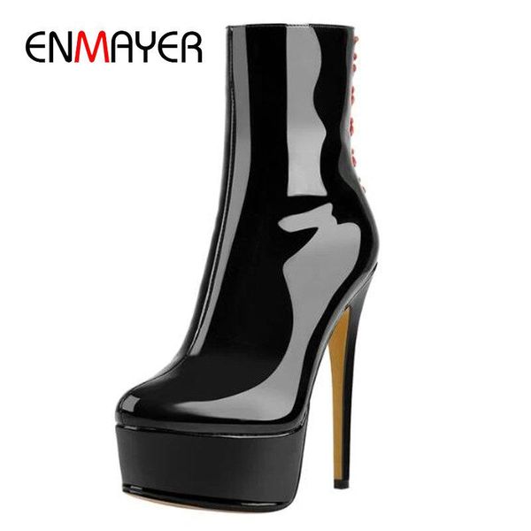 

boots enmayer elegant patent leather slip-on ankle women basic round toe thin heels fashion platform shoes 34-43, Black