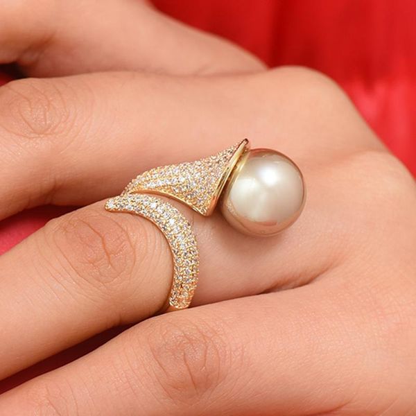

cluster rings godki 2021 trendy lily flower pearl stack for women cubic zircon finger beads charm ring bohemian beach jewelry, Golden;silver