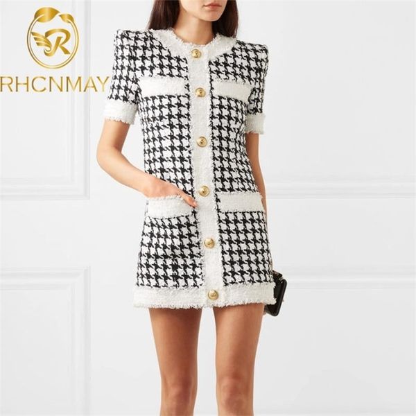 

fashion runway jacquard summer dress elegant women vintage black white houndstooth es ladies knitted 210520, Black;gray