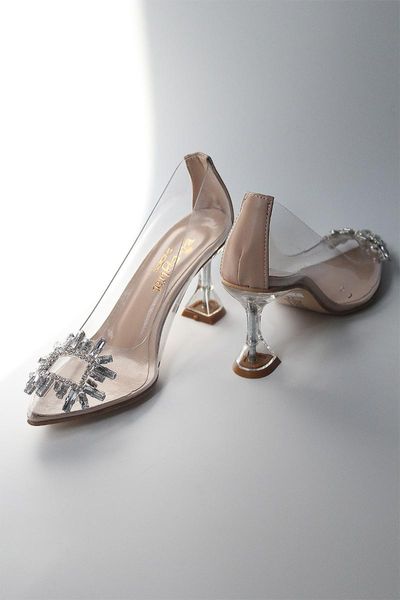 

dress shoes women's evening stylish fashion nude transparent square stone detailed dresses heels, Black