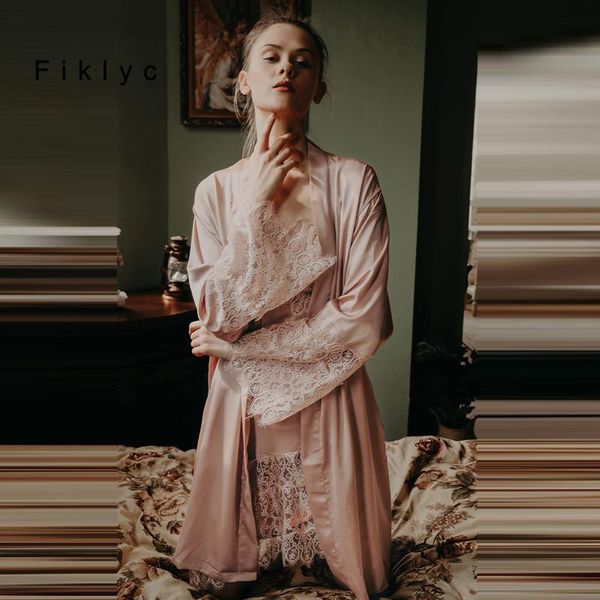 

women's sleepwear fiklyc summer long lace satin sleeve robe gown pajamas sets 2pieces elegant home clothes fashion nightwear, Black;red