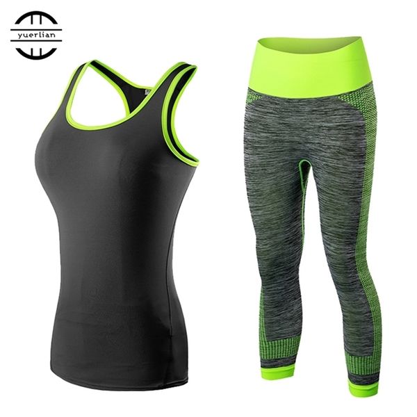 

2pcs women sportswear workout tracksuit fitness gym tank & pants clothing black yoga sets 210802, Gray