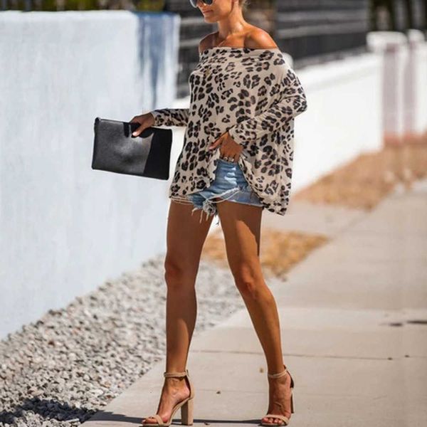 

women's t-shirt womens designer tshirt spring autumn fall long sleeve leopard print slash neck tees loose female clo kcpw, White