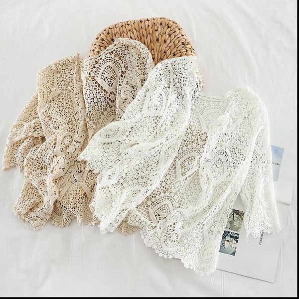 

knitted shrug women sweater bohemian style midi sleeve lace open cardigan short knitting outwear hollow out geometric, White;black