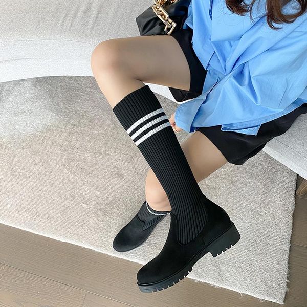 

boots 2021 fashion women white shoes block low heels luxury black brand school knee sock long designer winter