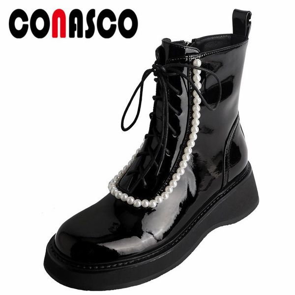 

boots conasc vintage women ankle autumn winter warm cow leather causal prom basic concise pearl decoration shoes woman, Black