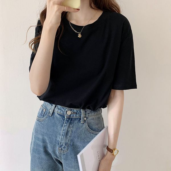 

propcm summer t-shirt women o-neck large size tee ladies s-3xl solid color black casual tees shirt white top