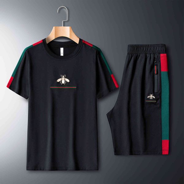 

men's tracksuits 2021 will see short-sleeve shorts embroidered bee suit men sports t-shirt two pieces together, Gray
