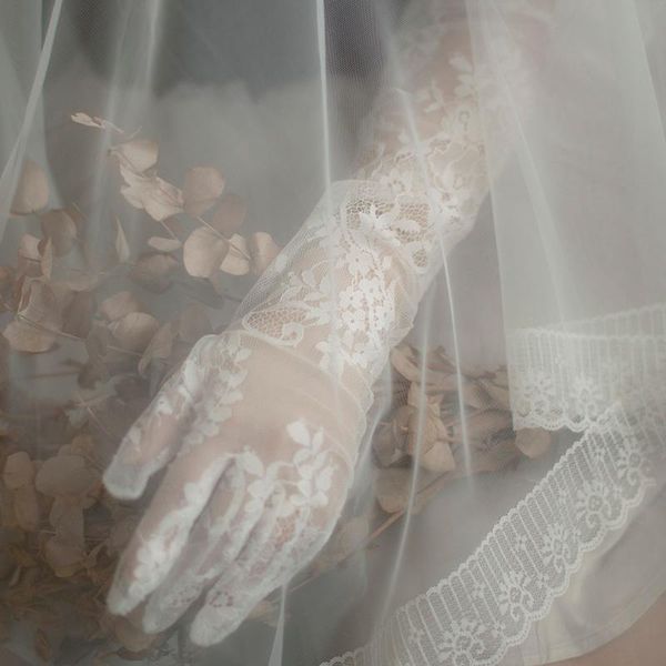 

bridal gloves women opera length full finger lace glove wedding accessories gift evening party, White