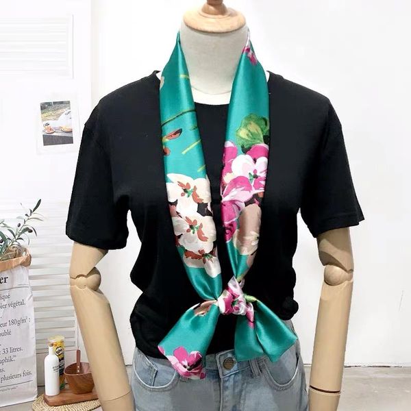 

scarves 2021 small long silk scarf for women fashion chain flowers print elegant neck tie ladies neckerchief girls hair scarfs, Blue;gray