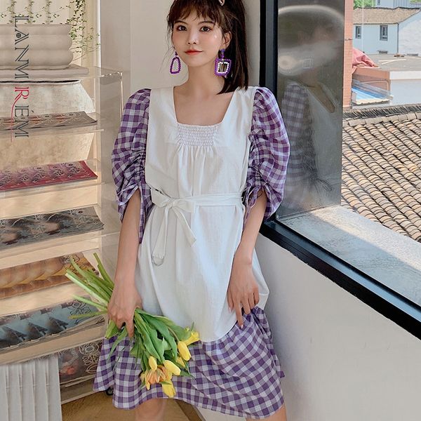 

women patchwork lattice dress square collar short sleeve loose fit female fashion tide summer arrivals 2e1671 210507, Black;gray