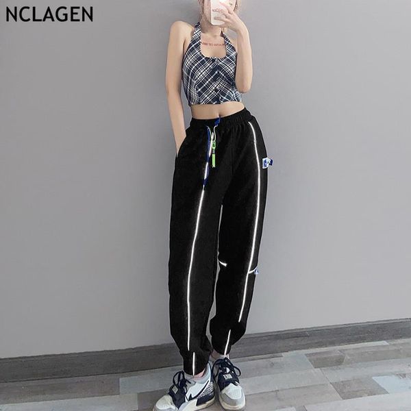 

women harem pants reflective striped joggers trousers 2021 harajuku letter label gothic black mujer sudadera pantalons women's & capris, Black;white