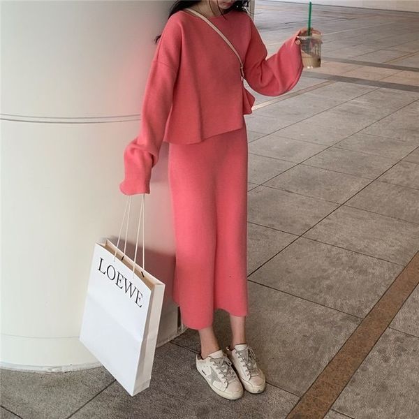 

two piece dress zawfl - a 2-piece set of women's sweaters and skirts, sweater style long sleeved knitted skirt, winter round neck, White
