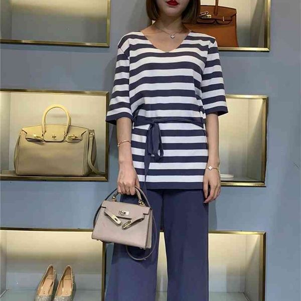 

korean summer fashion loose tracksuit women hit color striped lace-up pullover knitted and pants two piece sweater set 210602, White