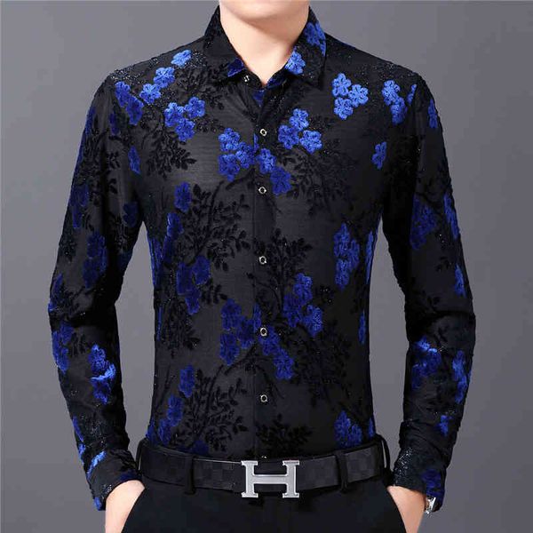 

men's casual shirts spring long sleeve slim fit transparent men camisa hombre flower print velvet club party chemise homme s9, White;black