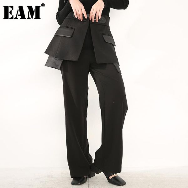 

[eam] high waist blakc pu leather split long wide leg trousers loose fit pants women fashion tide spring autumn 2021 jq78101 women's &, Black;white
