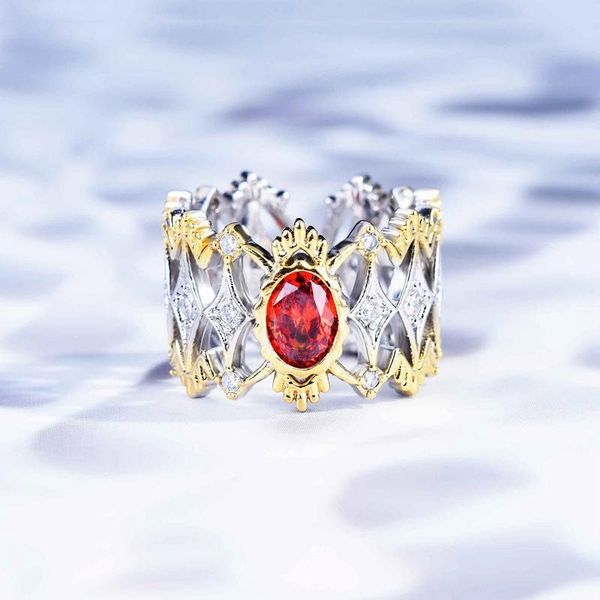 

wedding rings luxury open ring inlay oval red cubic zircon geometric hollow two-color europe america party jewelry, Slivery;golden