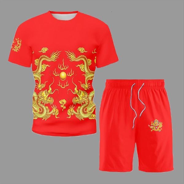 

chinese style retro sets 3d mens tracksuits dragon print t shirt and shorts set fashion short sleeve suits summer casual, Gray