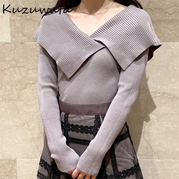 

kuzuwata autumn winter design women sweaters candy color lapel long sleeve slim knit pullover japanese sweet jumpers 211215, White;black