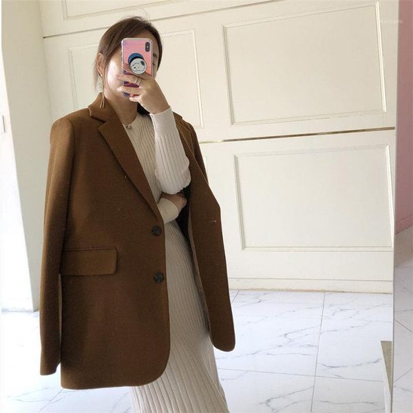 

warm all match retro chic office lady vintage blazer loose solid brief feminine woolen women plus size button notched full women's suit, White;black