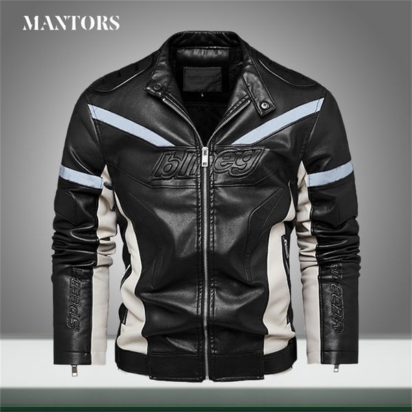 Homens Jaqueta de Couro PU Reflexiva Tira Quente Fleece Mens Motocicleta Jaquetas Zipper Moda Windbreaker Outwear Casacos 211110