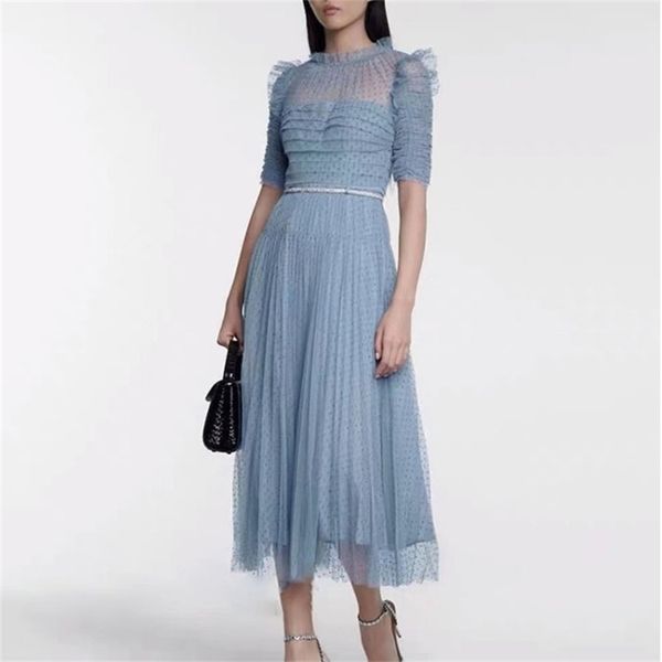 

spring self portrait elegant short sleeves stitching ruffles blue perspective polka dot long mesh dress 210603, Black;gray