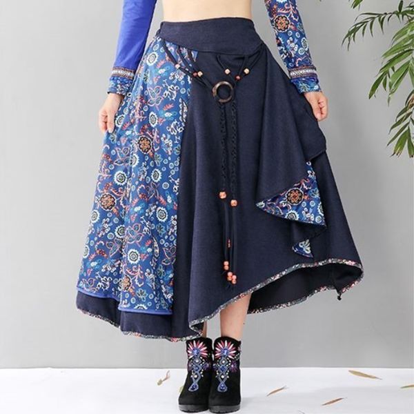 

skirt average waist of vintage elegant casual floral impression rregular women's skirts cotton linen summer skirt 2021 ethnic style, Black