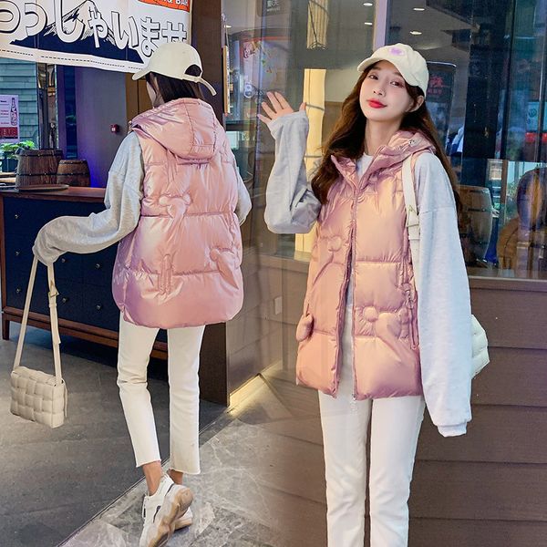 

college style 2021 women's down cotton vt short sleevels hooded loose student korean fashion coat, Black;white